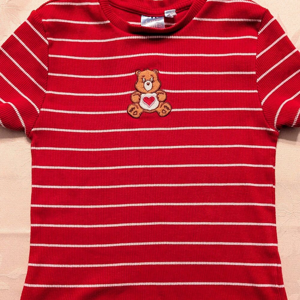 Care Bears Red Striped Ribbed Babydoll Tee YL/Juniors XS Heart Patch Y2K 90s